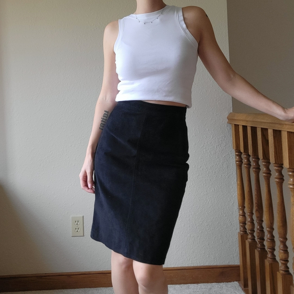 Vintage Berman's Black Suede Leather Pencil Skirt Size 8